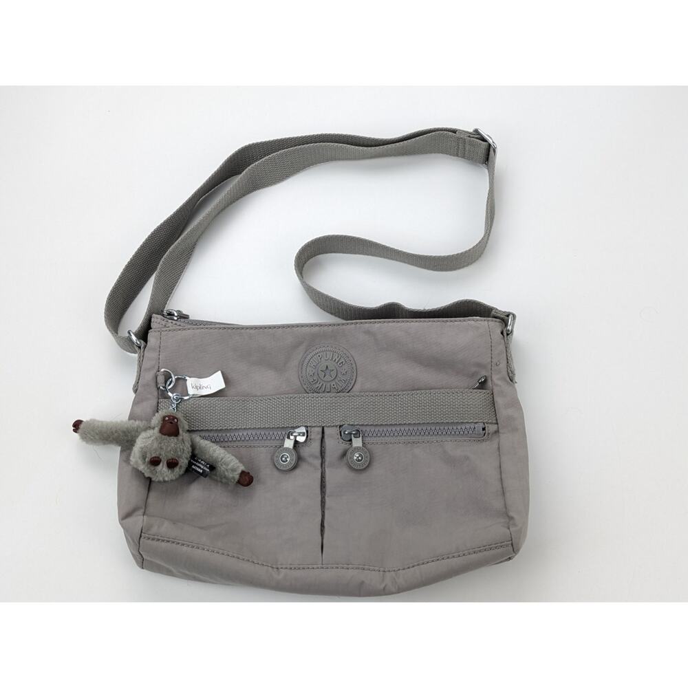Kipling Angie Crossbody Bag w/Fuzzy Gorilla Keychain Gray Grey 11x8x2 USED ONCE!